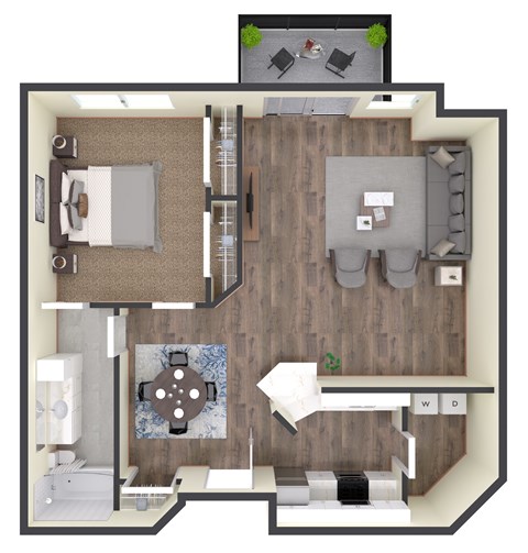Floor plan for 1 bed, 1 bath, 924 sqft